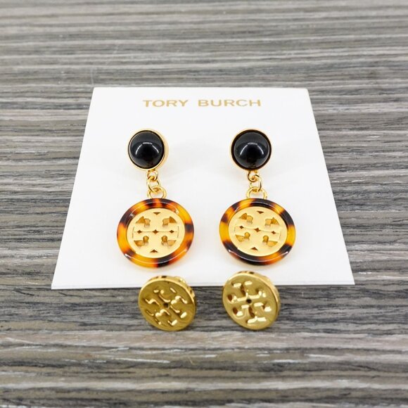 Tory Burch Tortoise Shell Logo Drop Earrings Gold OS - Picture 3 of 8